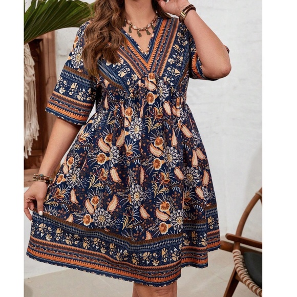 Plus Floral Print V neck Short Sleeve Mini Dress - Picture 2 of 3